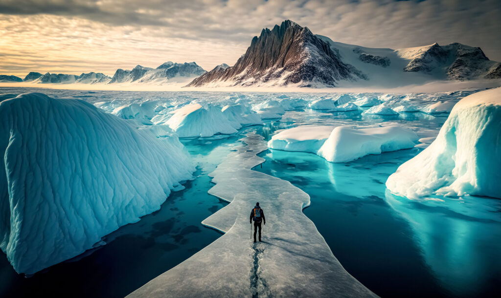 A person hiking over ice surrounded by icebergs. A mountain is in the distance.