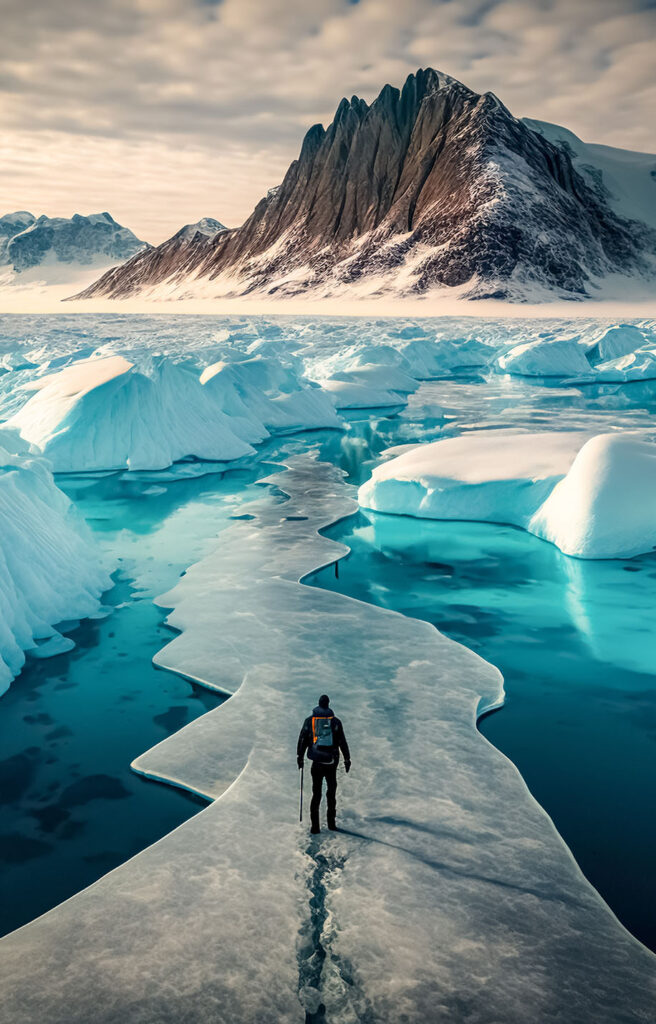 A person hiking over ice surrounded by icebergs. A mountain is in the distance. 