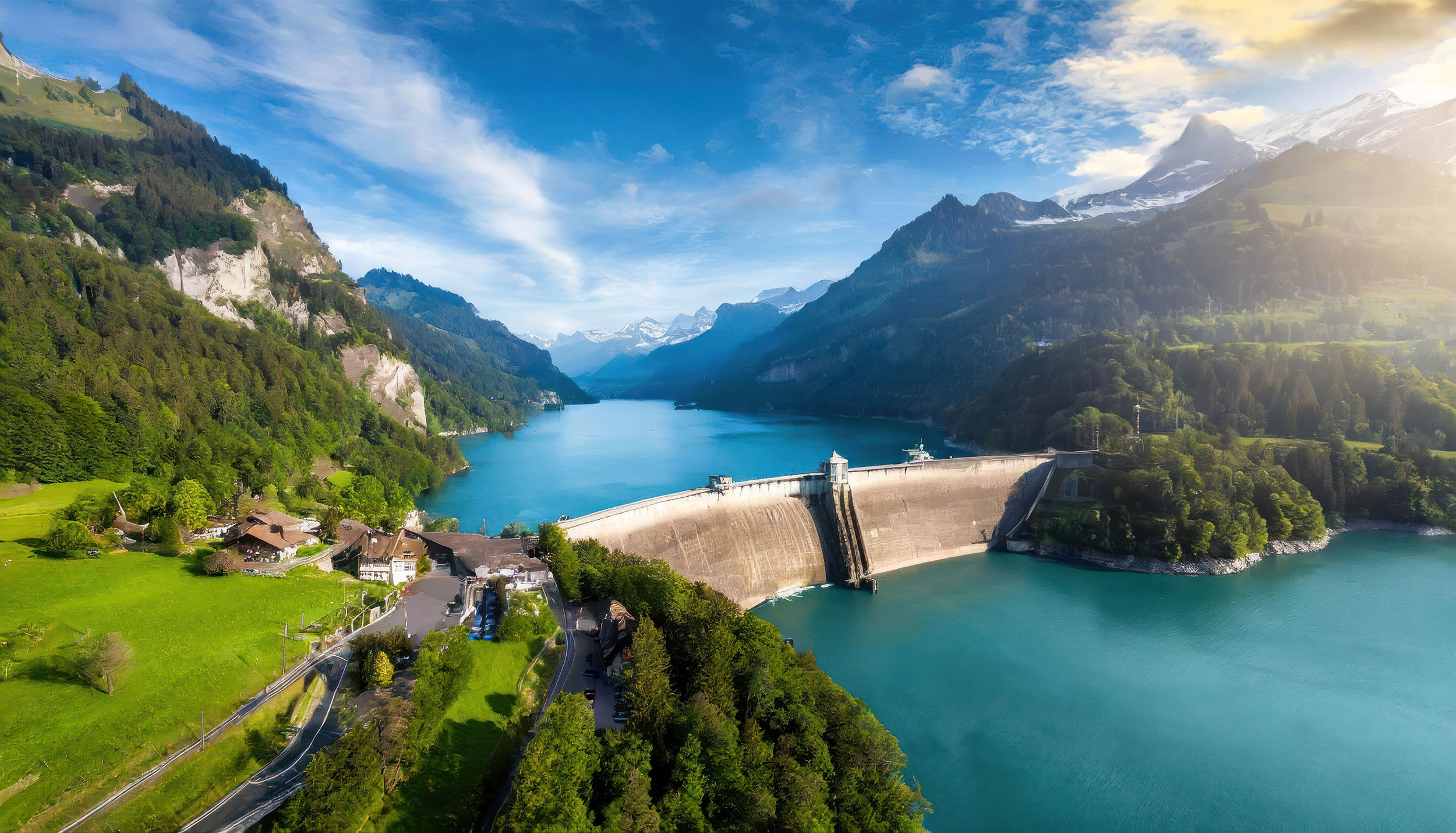 An aerial view of a dam.