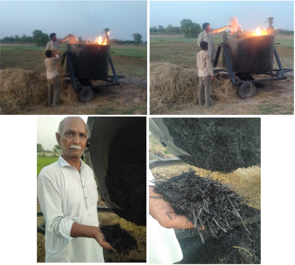 A collage of four photos, two showing two people creating biochar in a large bin. Photo 3, a man holding biochar in his hand. Photo 4, close up of biochar. 